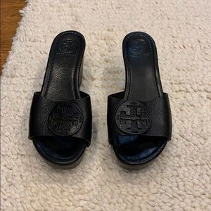 Tory Burch black leather platform wedge sandal